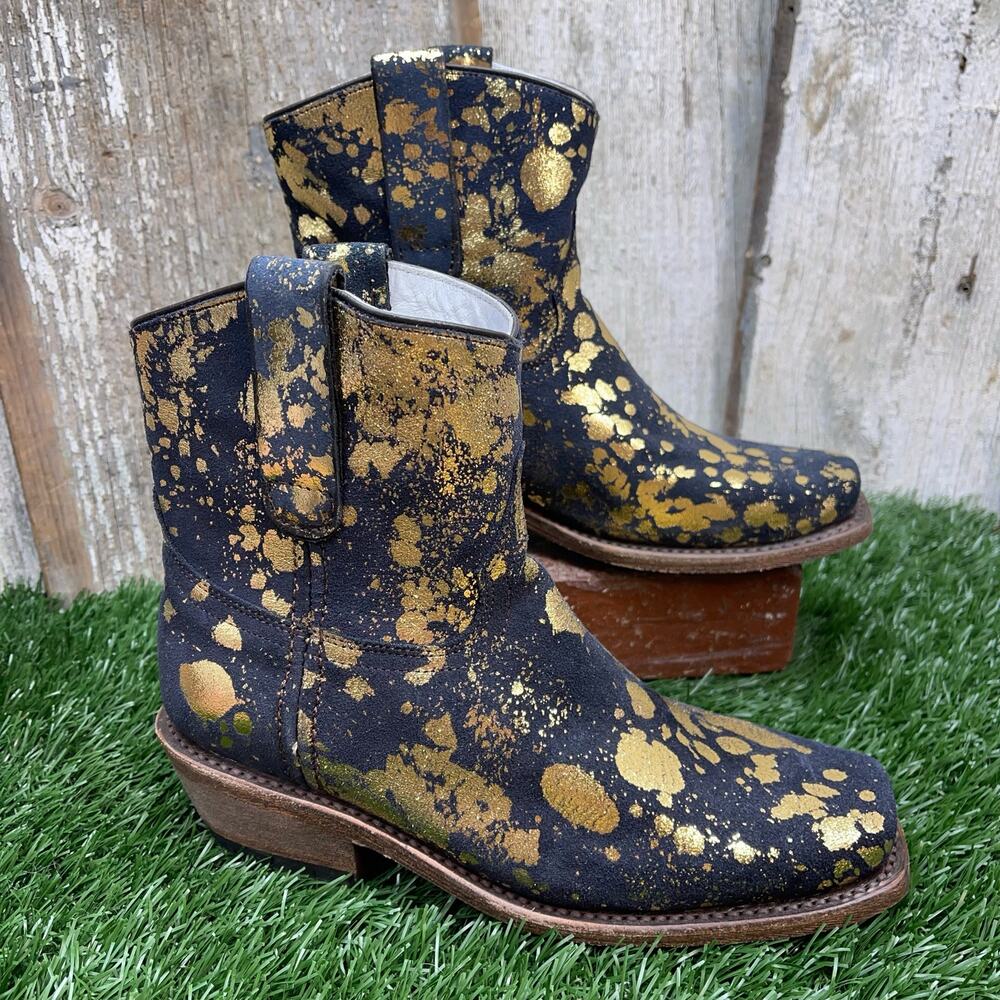 CoFi Leathers Charcoal Gold Metallic Short Cowboy Boots Women's 6 - Picture 2 of 8